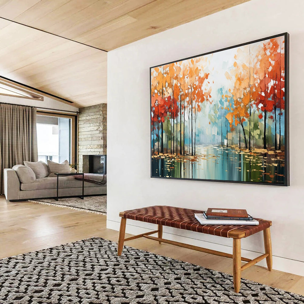 Autumn River Abstract Painting with Red, Orange, and Blue Tones THY164