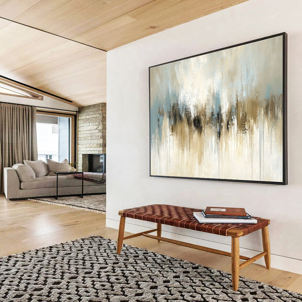 Beige and Blue Abstract Painting with Dripping Effects DYP171