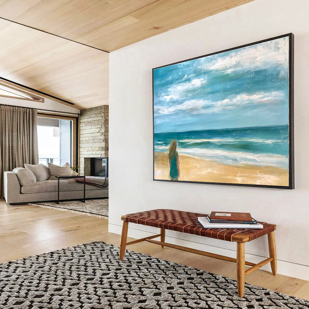 Woman by the Sea Abstract Painting with Blue and Beige Tones DYP520