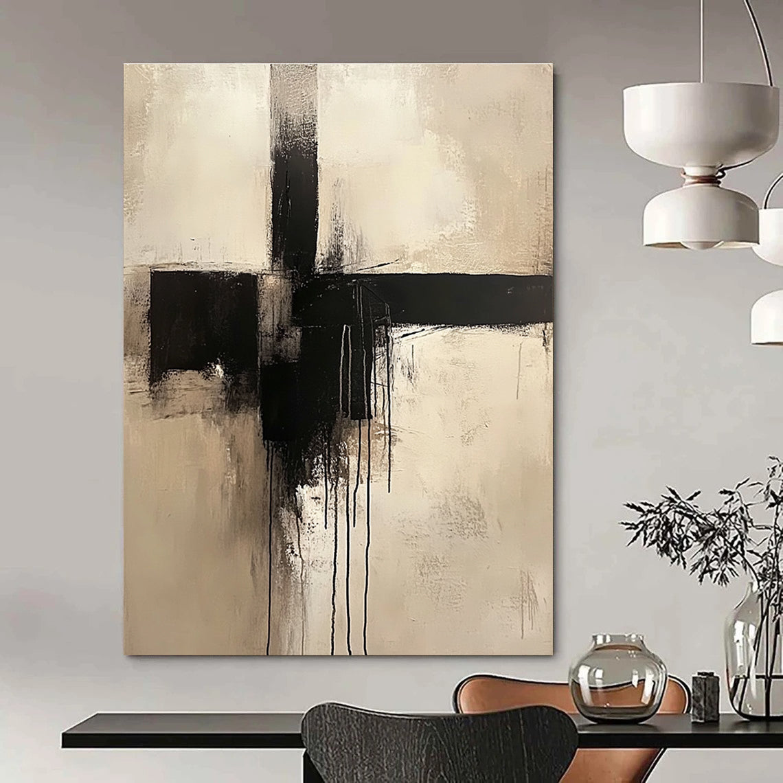 Large abstract painting of a cross in neutral colors featuring a minimalist style and dripping black paint.STSC669