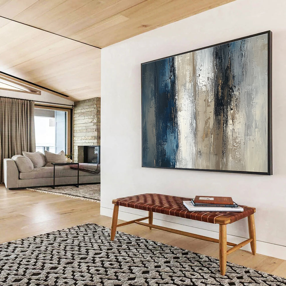 Abstract oil painting of a textured vertical wall featuring neutral tones with blue and brown accents on a beige grey and white canvas.SC121