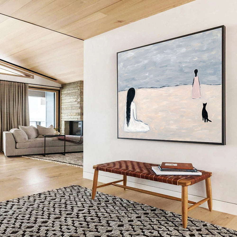 An abstract painting featuring light grey sand dunes and ocean waves with figures and a black cat walking away, evoking serene beach vibes.SC468
