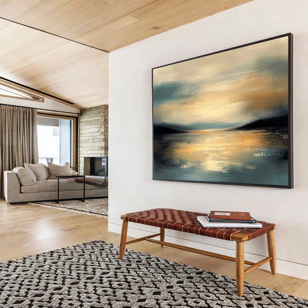 Large abstract painting featuring muted colors and calm water reflecting a detailed sky during golden hour with a serene atmosphere and gentle brushwork.SC064