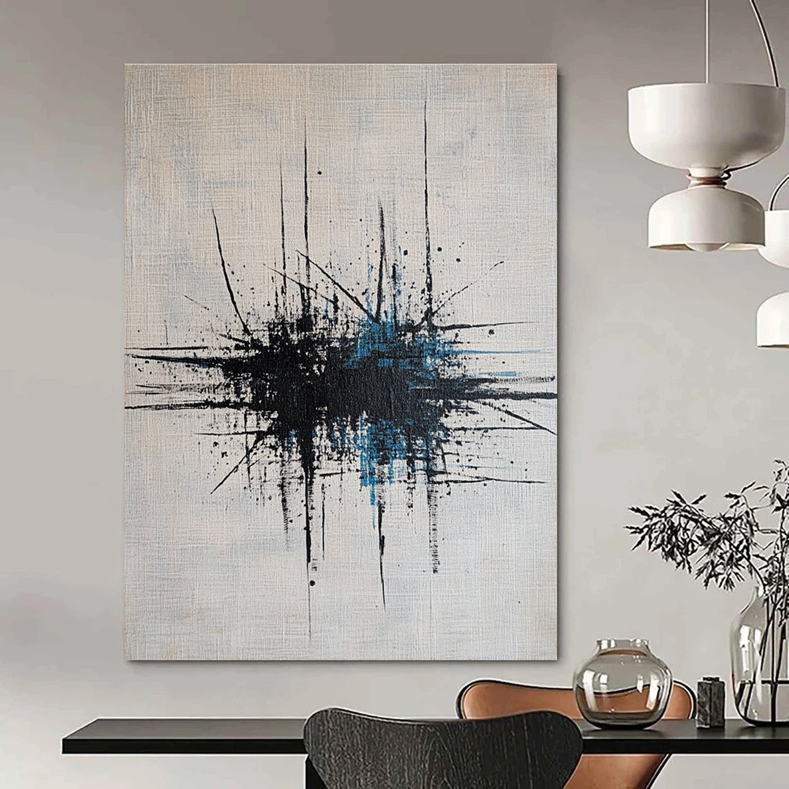 Large abstract painting featuring dynamic lines and dots in grey, blue, and black on a crisp white canvas.STSC189