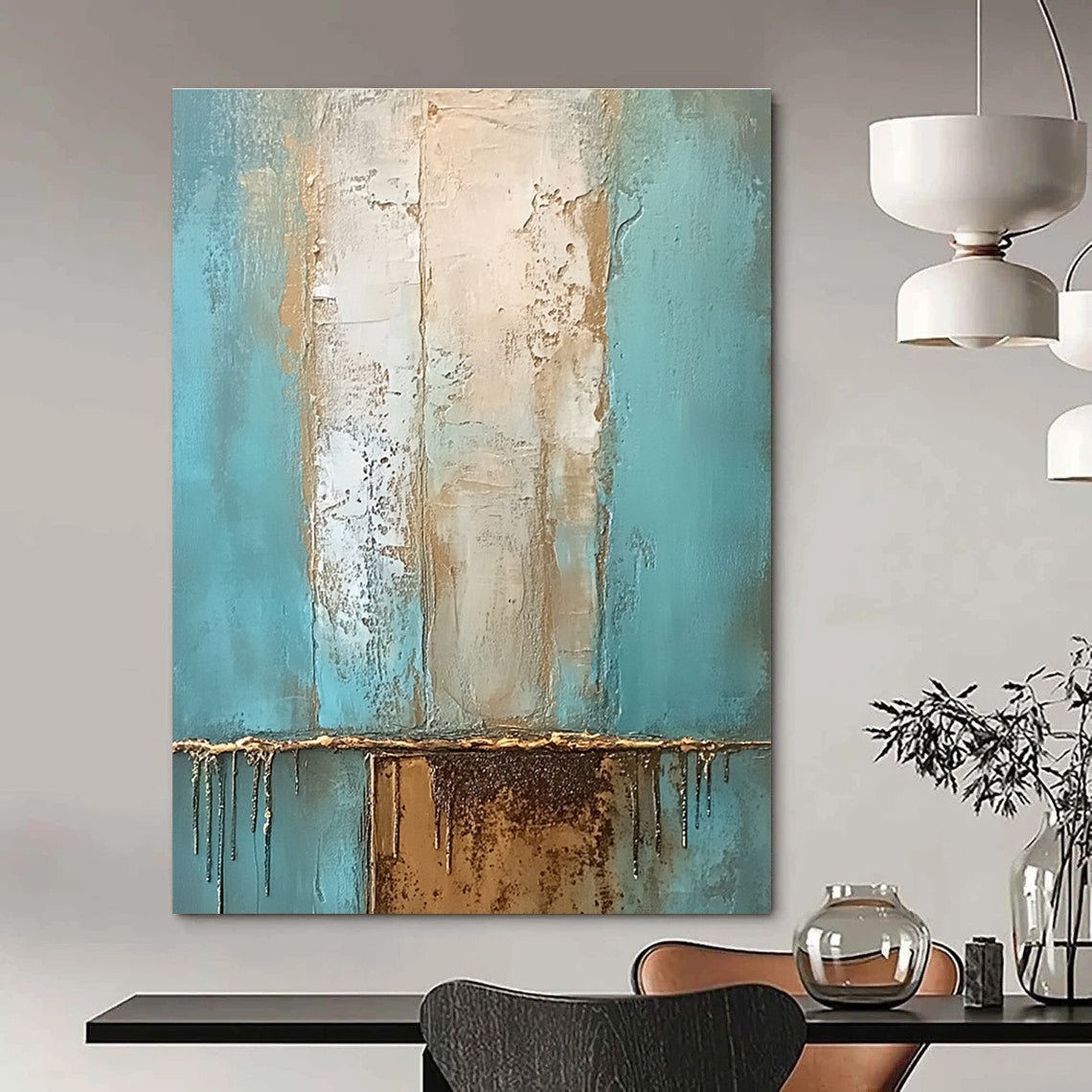 Large abstract oil painting with muted teal and beige hues accented by gold featuring a textured surface and a rusted metal element.STSC602