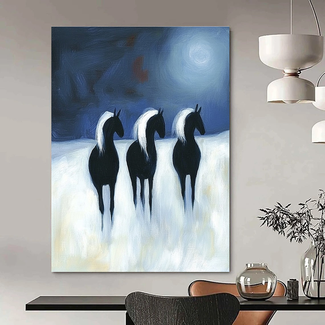 Abstract painting featuring three black horses with white manes running under moonlight on a white background in a flat two-dimensional style.STSC1443