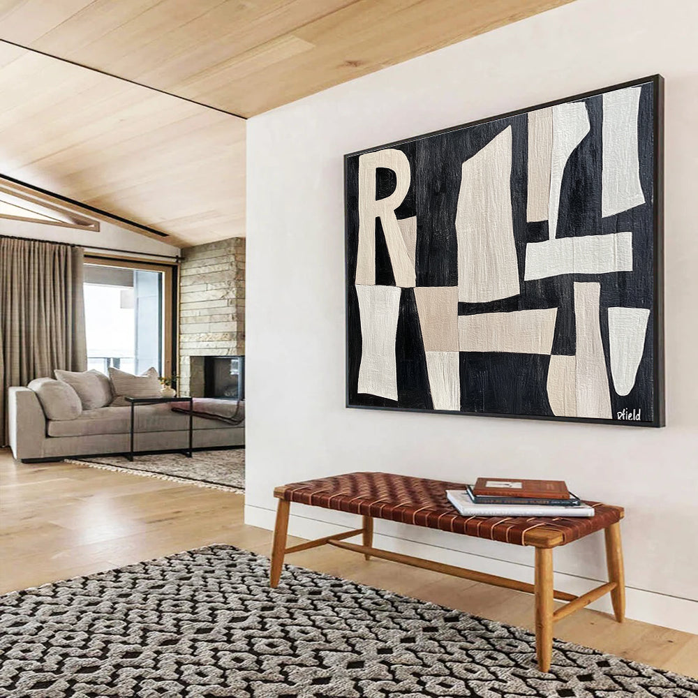 Large abstract painting featuring cut-paper style shapes with the word Rfield in a textured beige and white design on a dark grey background.SC427