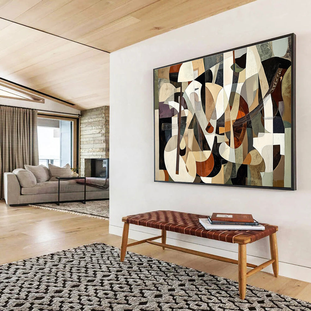 Large abstract painting featuring layered shapes in brown and beige with figures playing instruments in a cubist style, creating depth and illusion.SC395