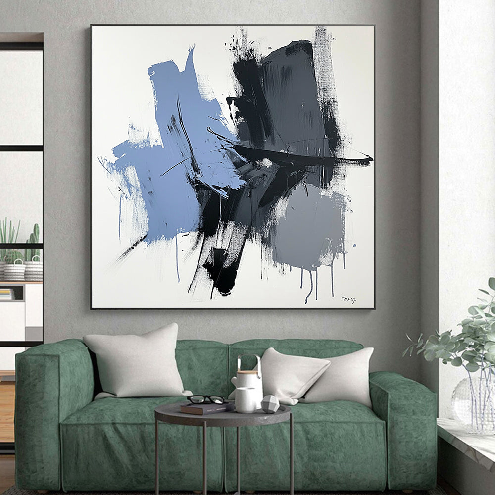 Blue Gray Black Abstract Painting with Minimalist Energy GER517