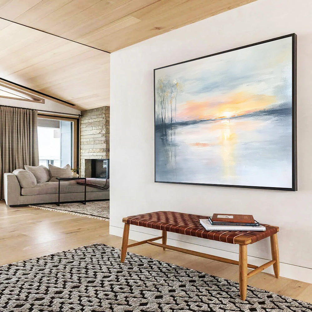 Soft Sunset Lake Abstract Painting with Pastel Hues and Reflections DYP242