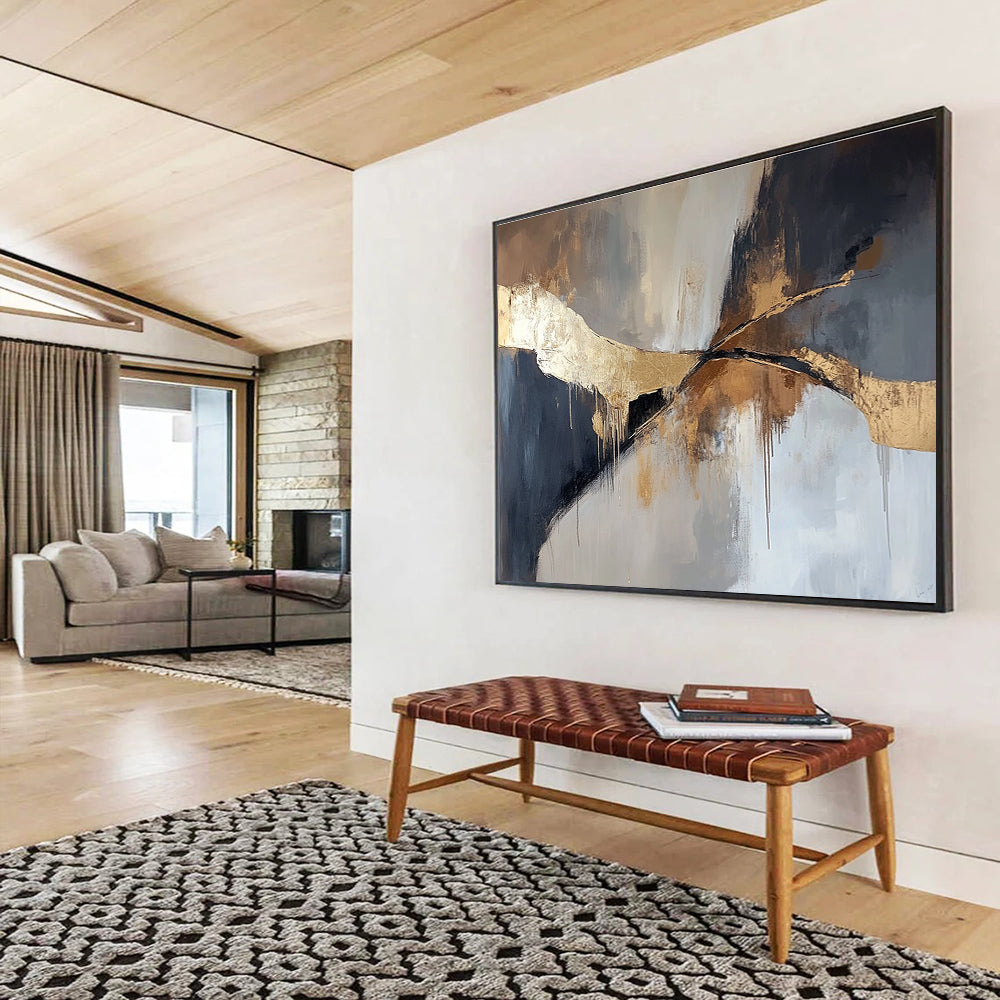 An abstract painting in muted browns and greys with elegant gold accents, featuring a striking minimalistic design perfect for modern aesthetics.SC327