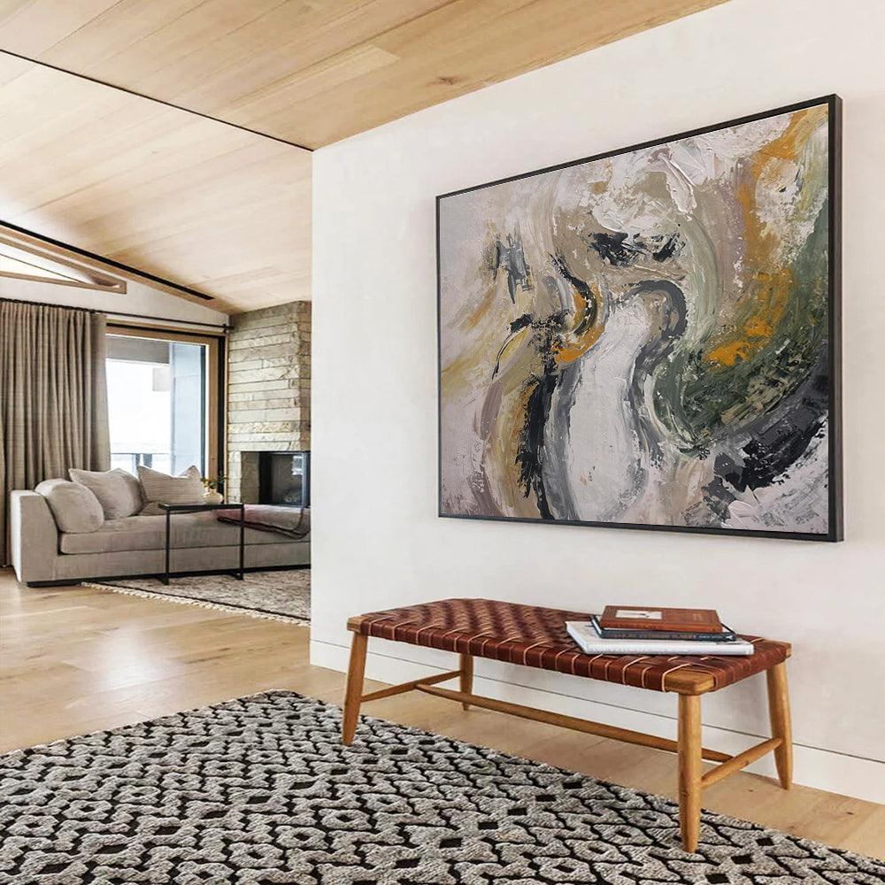 Gray Gold Green Abstract Painting with Subtle, Natural Inspirations THY387