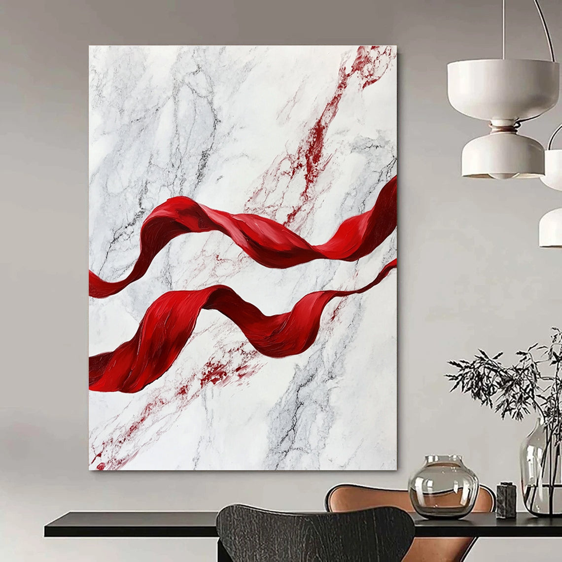 A large abstract painting featuring red flowing ribbons on white marble, evoking movement and elegance in a captivating blend of color and texture.STSC1416