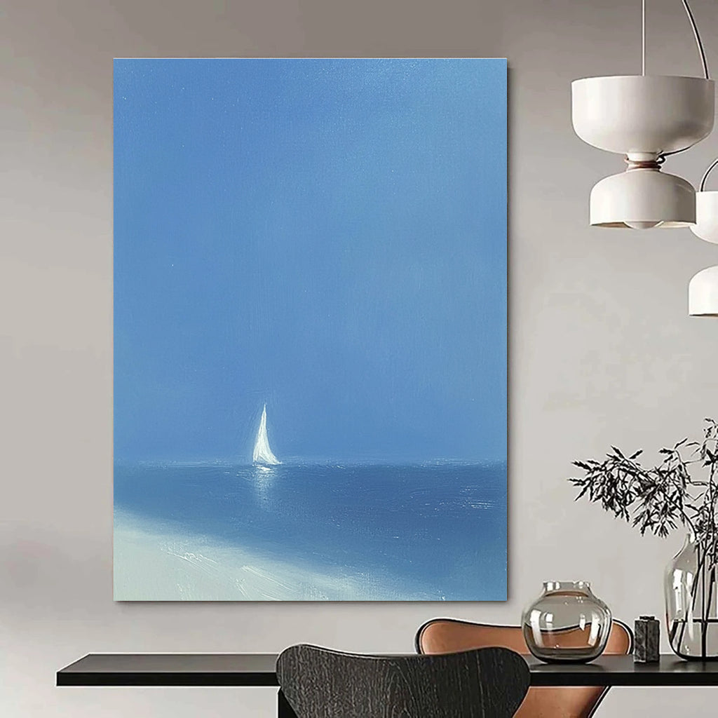 A large abstract painting featuring a minimalist white sailboat on the ocean under a blue sky with soft tones and wide brush strokes.STSC1062