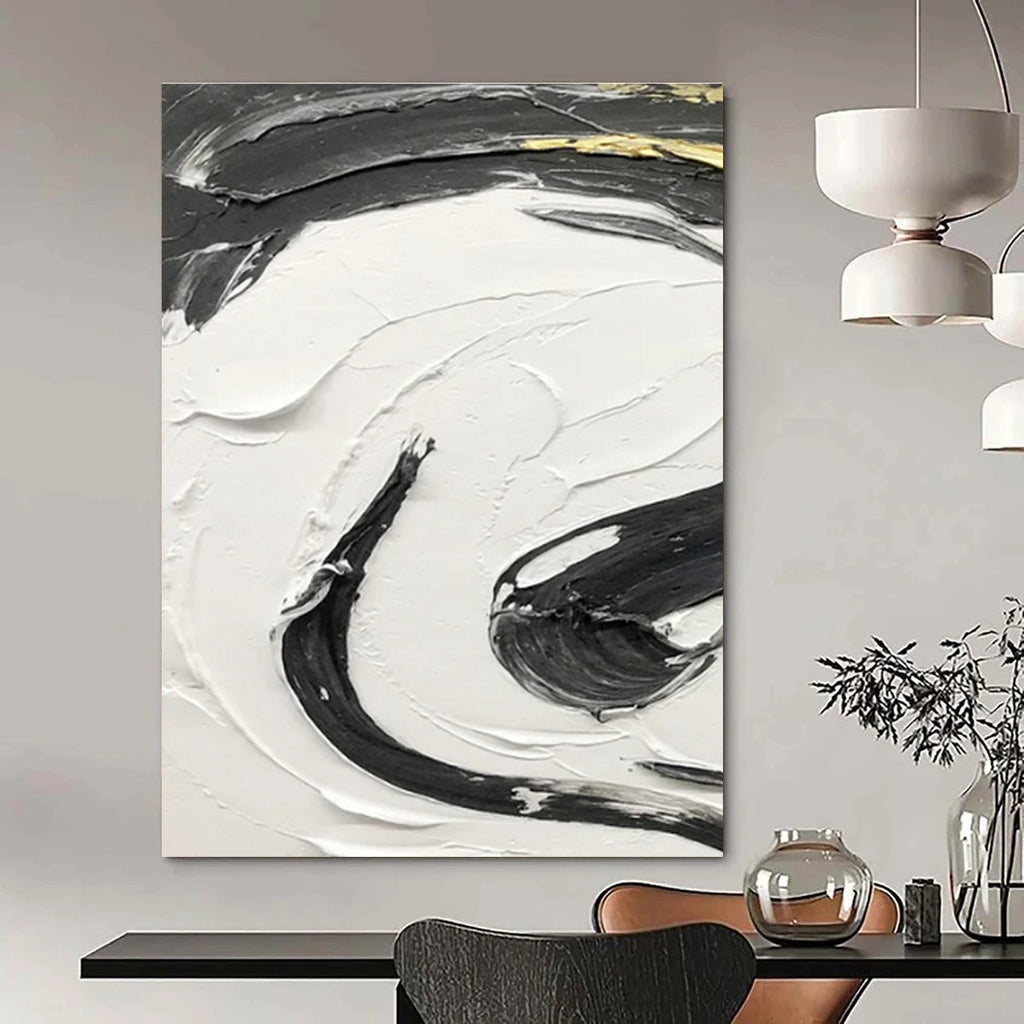 Gold - Accented Black and White Swirl Abstract Painting ADGE378