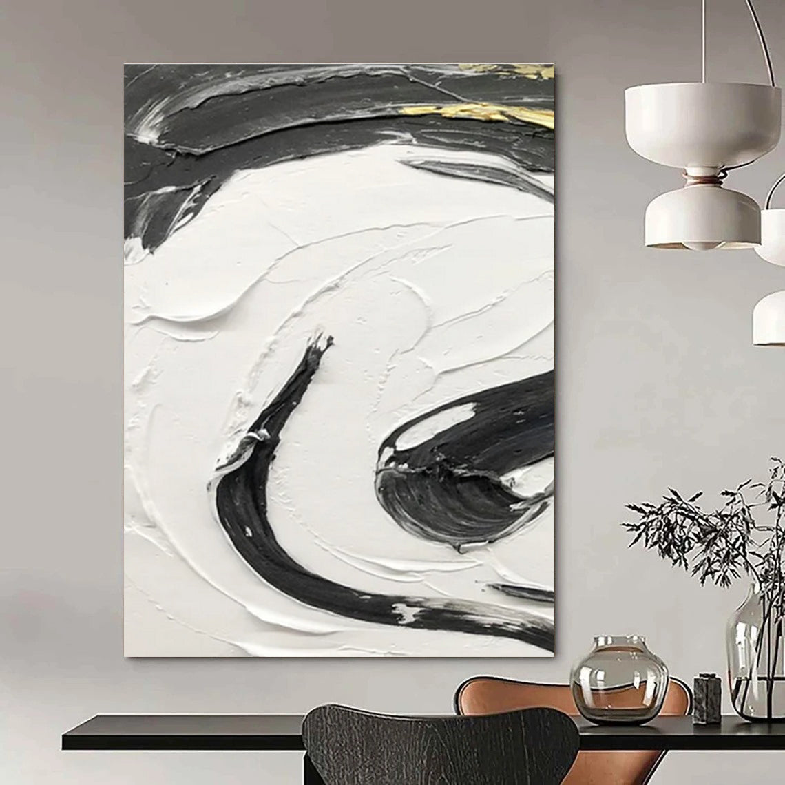 Gold - Accented Black and White Swirl Abstract Painting ADGE378