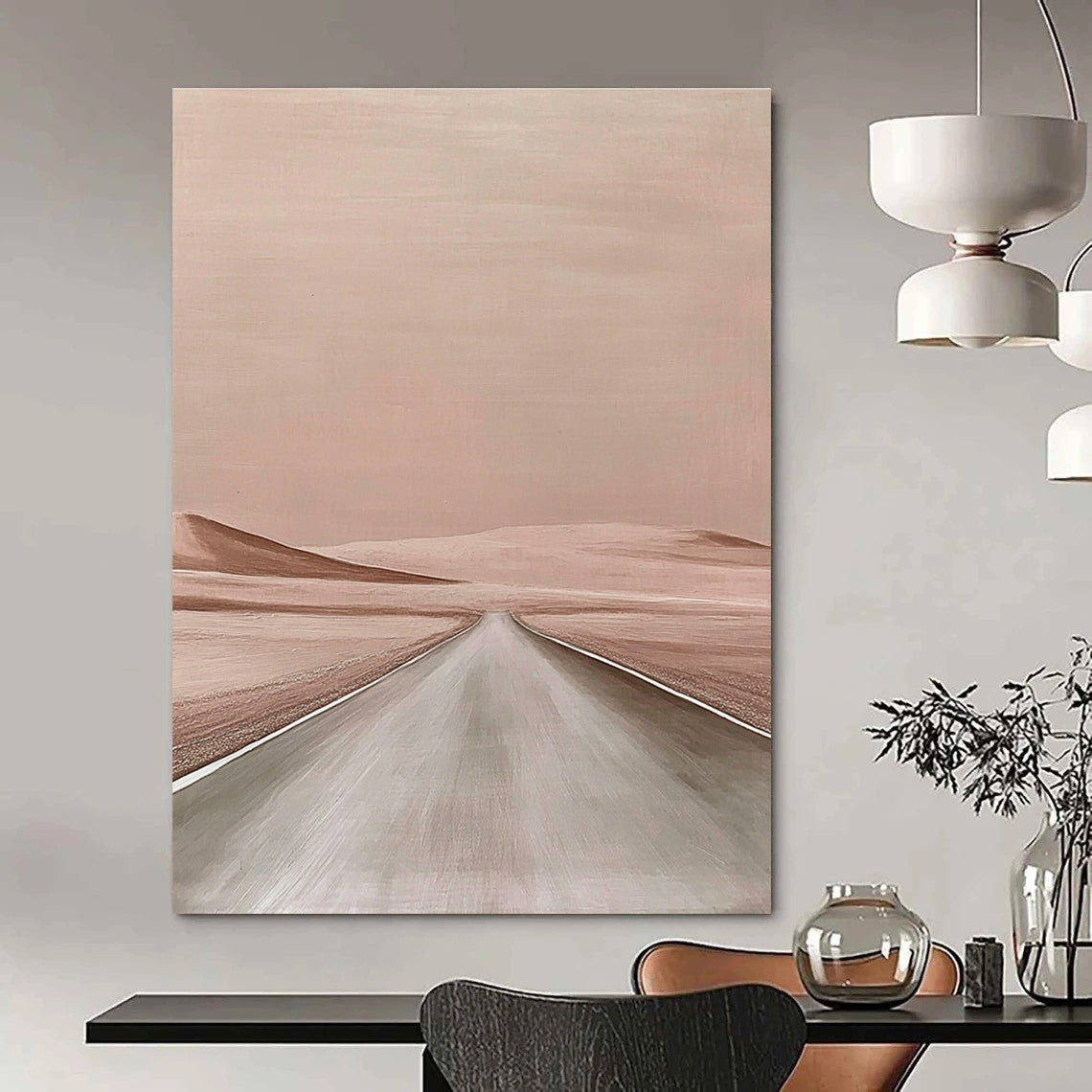 Large abstract painting of a minimalist desert road in a beige color palette inspired by Aron Wiesenfeld and John Larriva.STSC1166