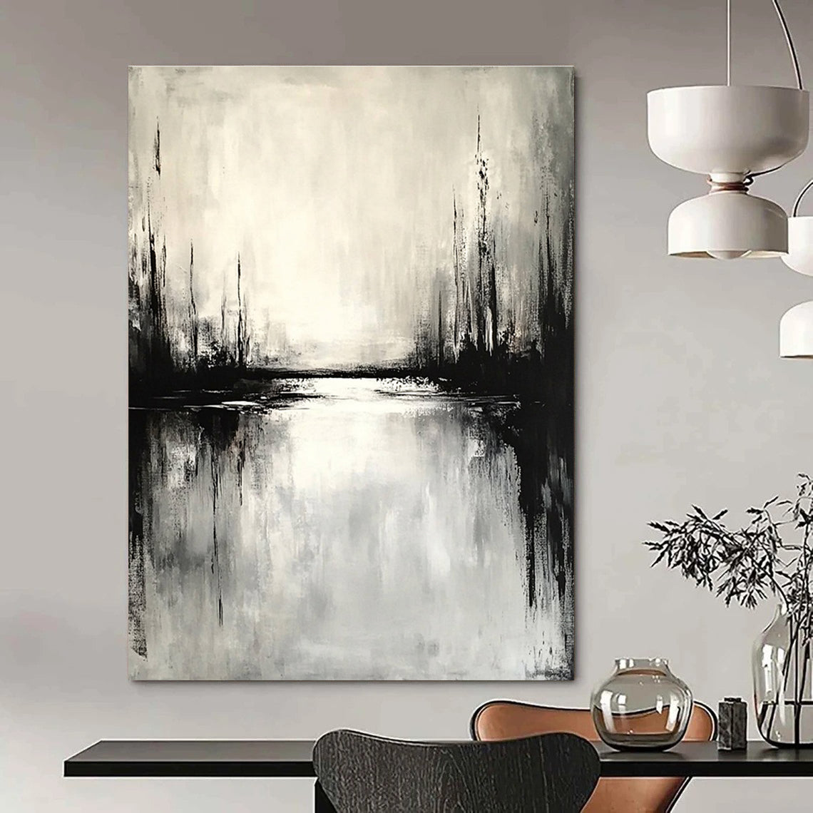 Large abstract painting depicting an overcast landscape with water reflections in muted tones evoking calmness and simplicity.STSC022