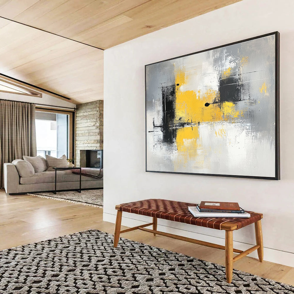 Large abstract painting with gray and yellow tones featuring blocks of color soft edges and delicate brushstrokes on a gray background.SC241