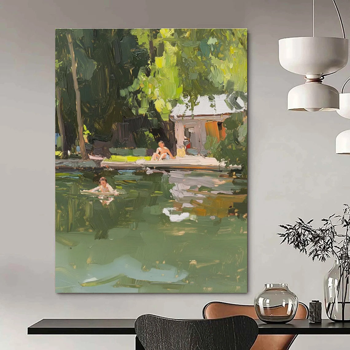 Outdoor Leisure Scene Painting with Natural Green Tones ADGE432