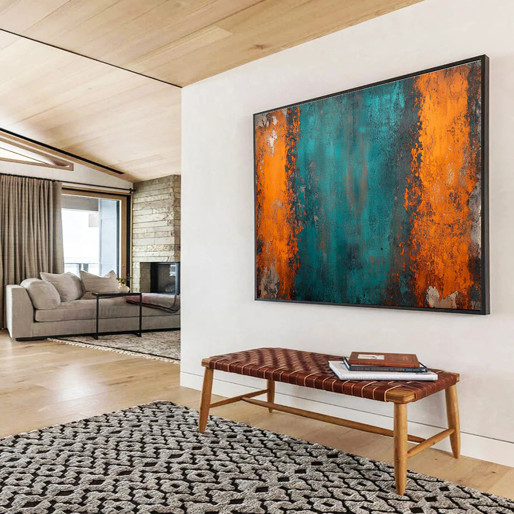 Teal Orange Abstract Painting with Bold, Industrial Edge THY408