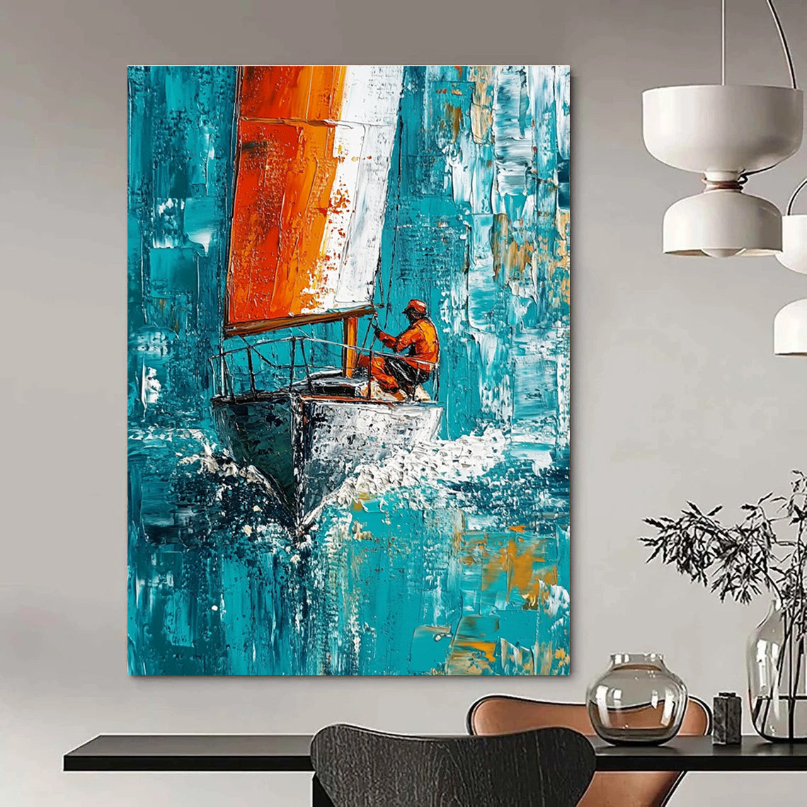 Large abstract painting featuring a sailboat with white and red stripes sailing swiftly on turquoise waters under a blue sky.STSC1418