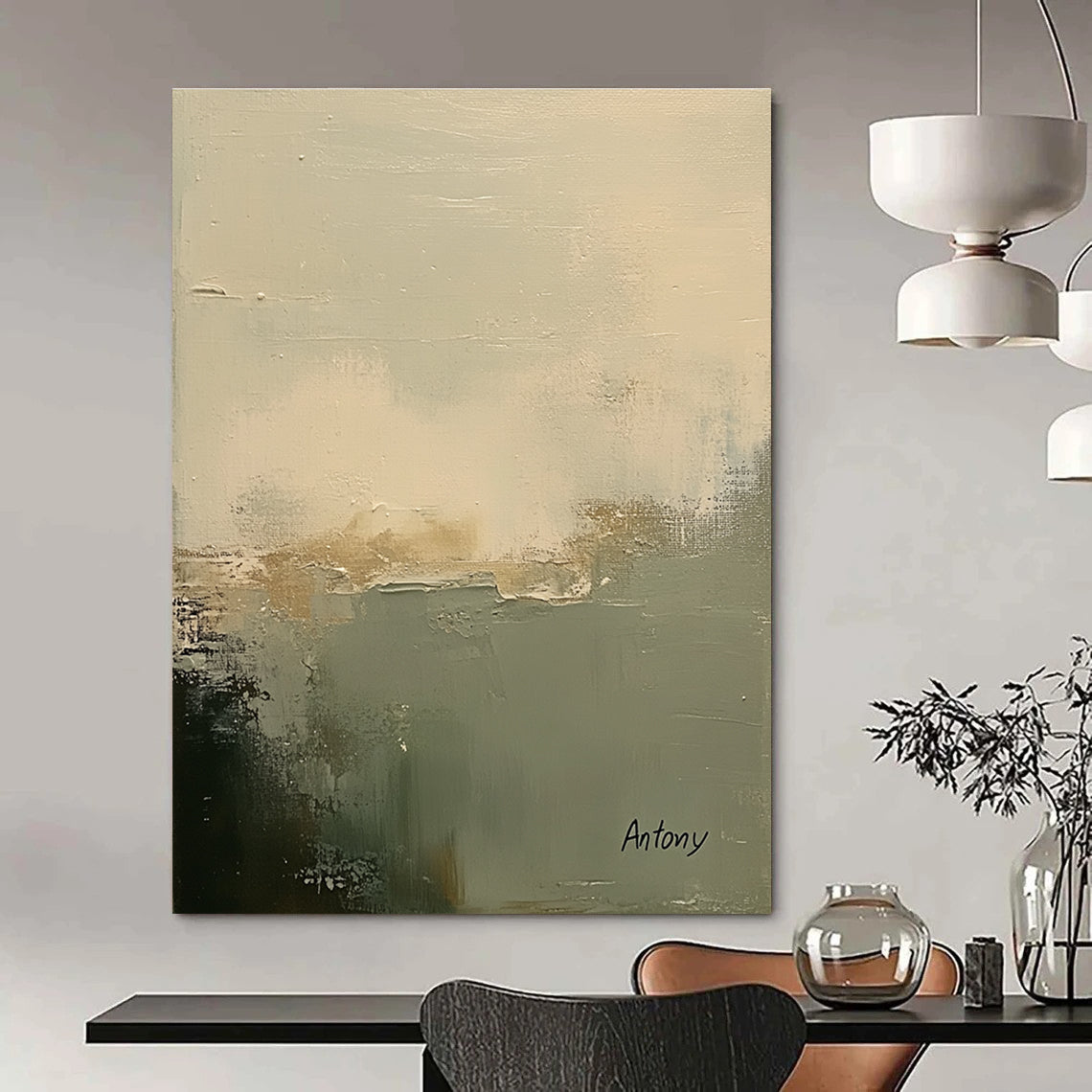 Large abstract painting featuring soft muted white and sage green tones with a textured background and calming minimalistic brush strokes signed by Antony.STSC799