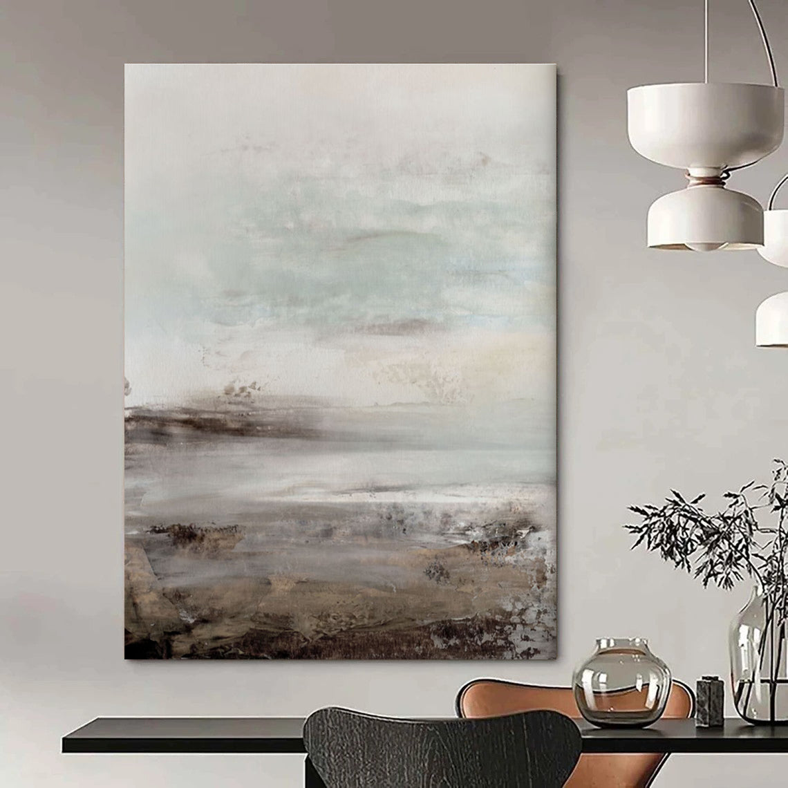Misty Coastal Abstract with Soft Gray and Blue Tones Painting ADGE153