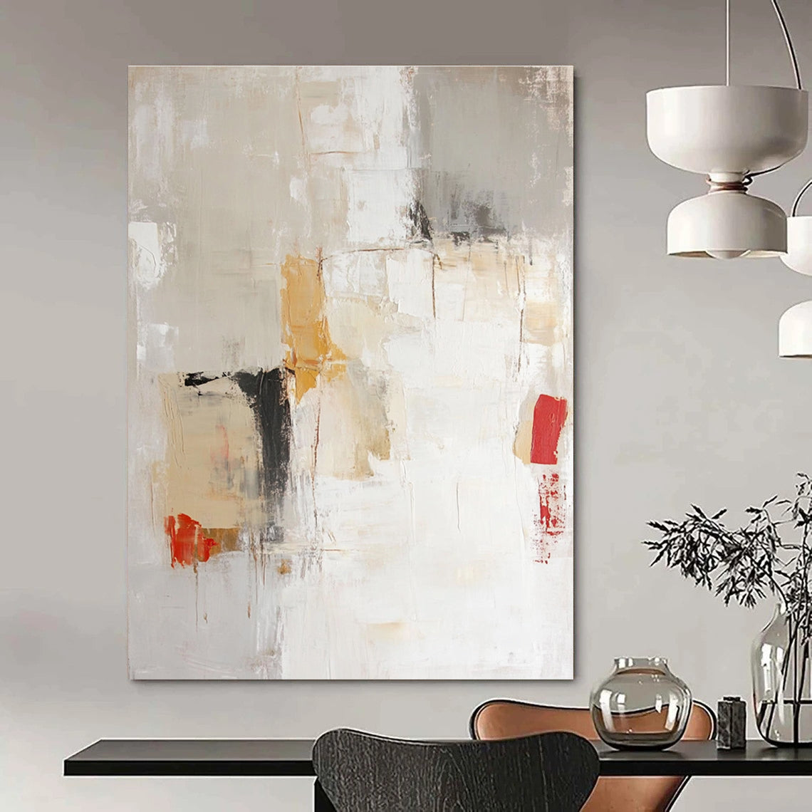 Large abstract painting in soft neutral tones of beige and white with expressive brushstrokes and hints of red and yellow.STSC801