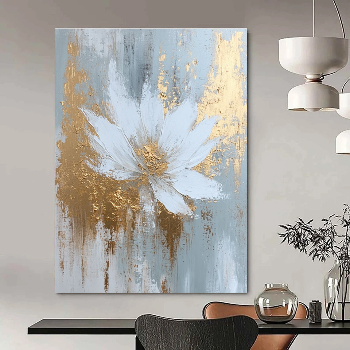 Large abstract painting featuring white and gold hues with textured brush strokes and atmospheric effects in a dreamy misty style.STSC381