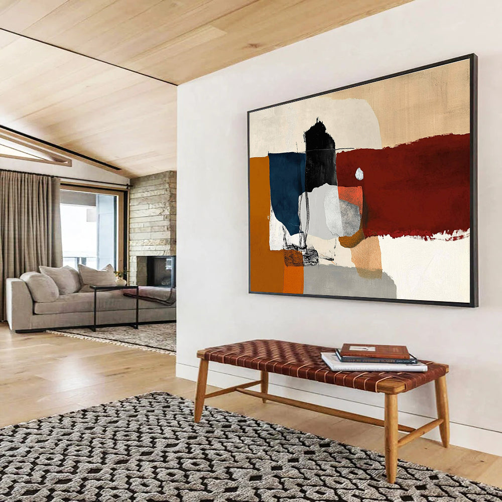 A large abstract painting featuring minimalistic shapes, dark red and orange hues, with white, grey, and blue accents in a loose collage style.SC329