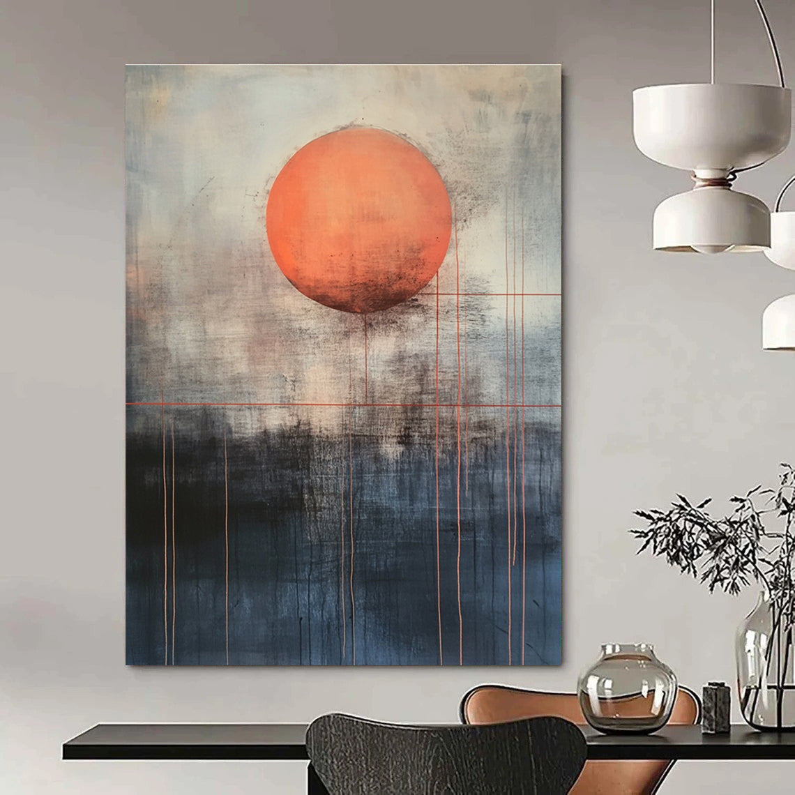 Large abstract painting featuring a mysterious orange sun above dark gray and light blue background with red lines evoking calmness and inner power.STSC1138