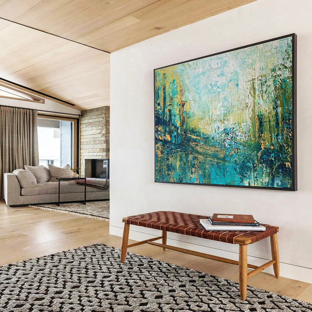 Turquoise Gold Abstract Painting with Forest - Like Abstraction THY328