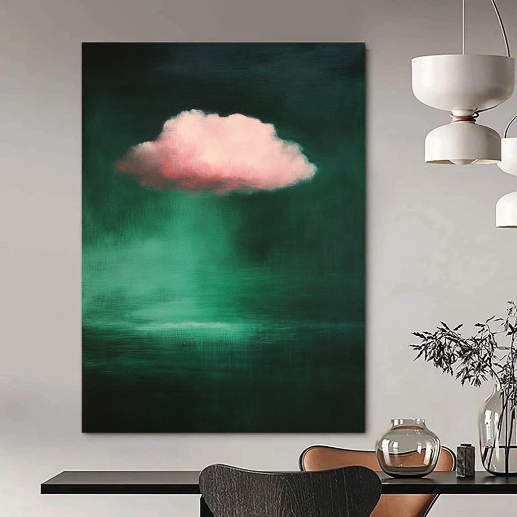 Large abstract painting featuring a pink cloud against a dark green background inspired by the style of Raimad Zinoglu.STSC1402