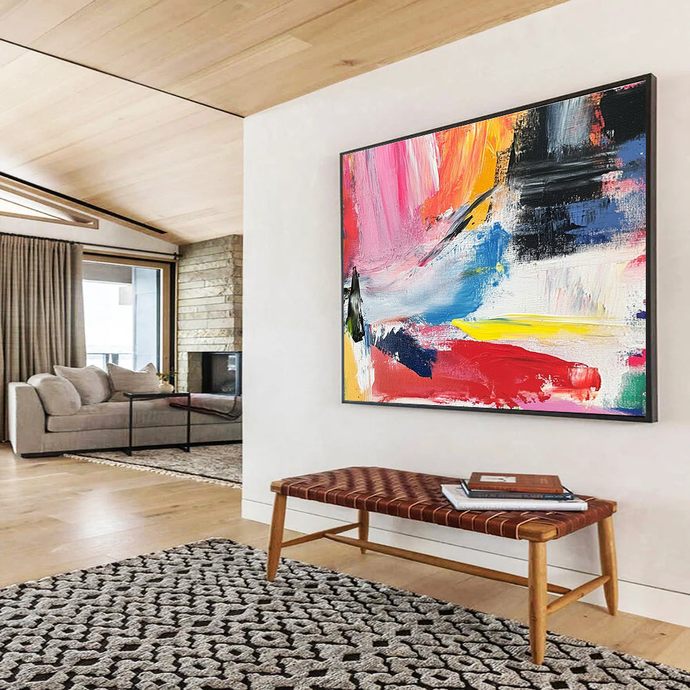 Abstract painting with vibrant colors and bold brush strokes evokes springtime joy and energy in a lively landscape of reds yellows and blues.SC437