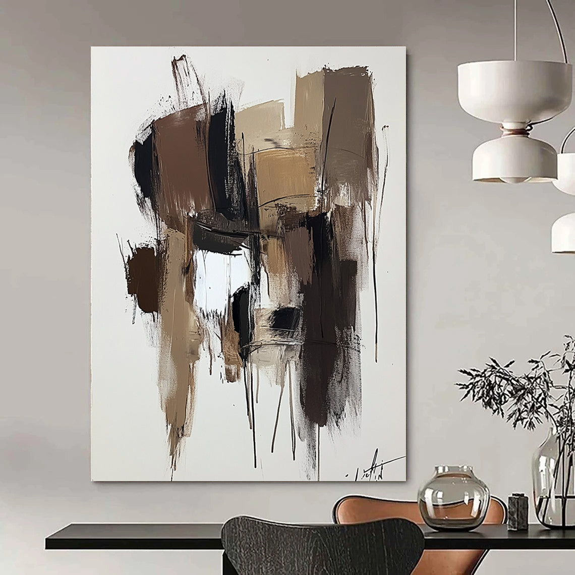 Large abstract painting in brown and beige with thick brush strokes on a dark gray background showcasing modern art style and neutral tones.STSC746