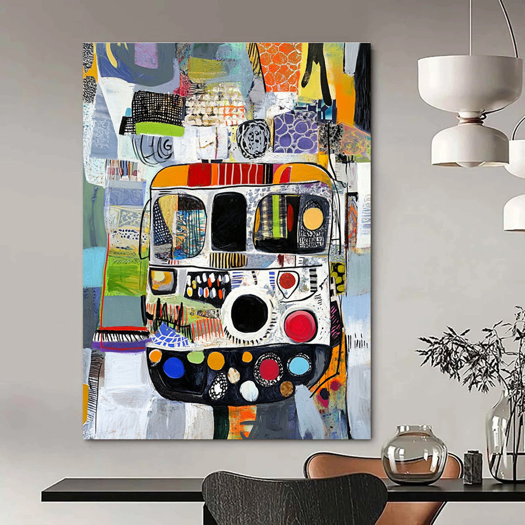 Abstract painting with diverse patterns features a bus in a textured collage of black white grey green blue red and orange yellow materials.STSC820