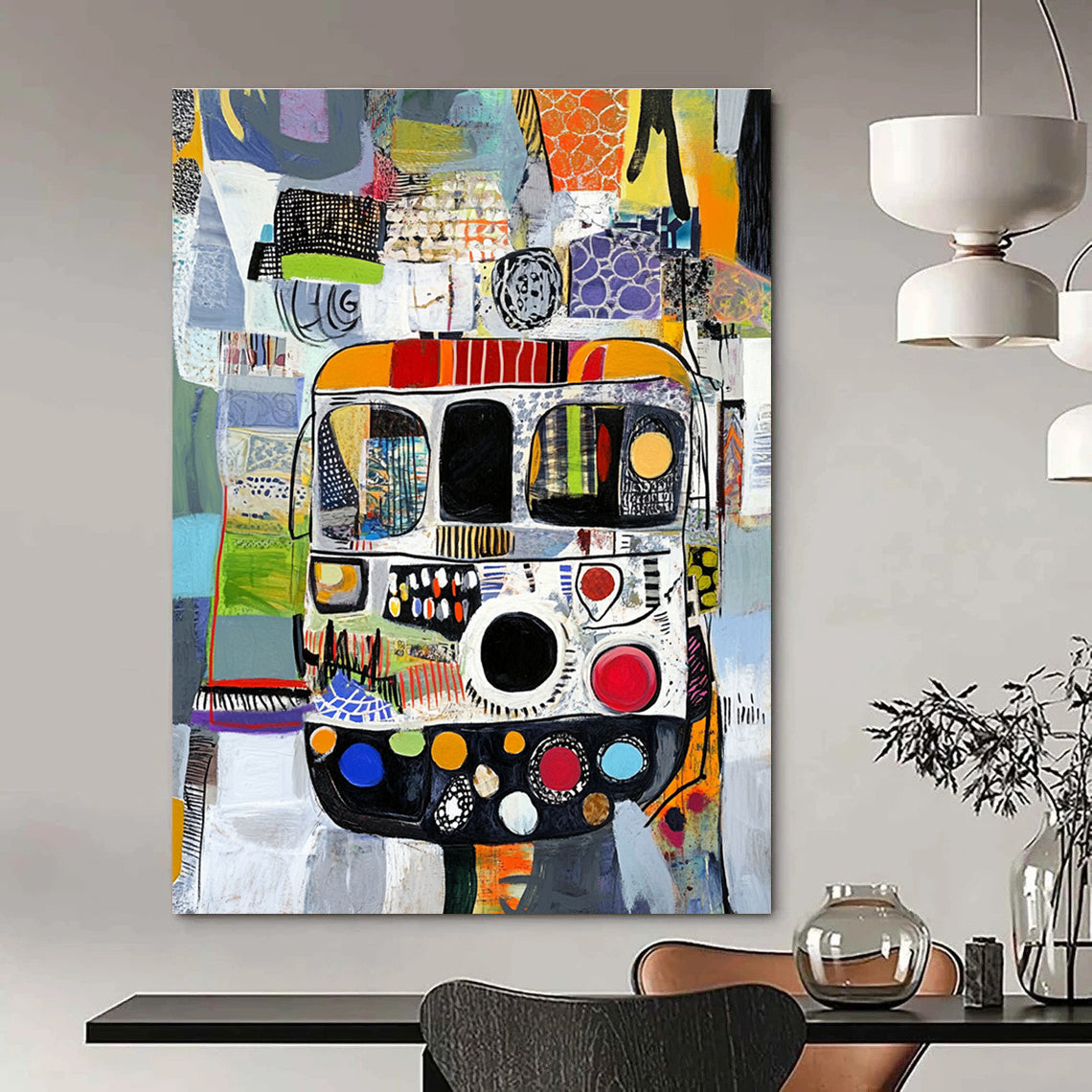 Abstract painting with diverse patterns features a bus in a textured collage of black white grey green blue red and orange yellow materials.STSC820