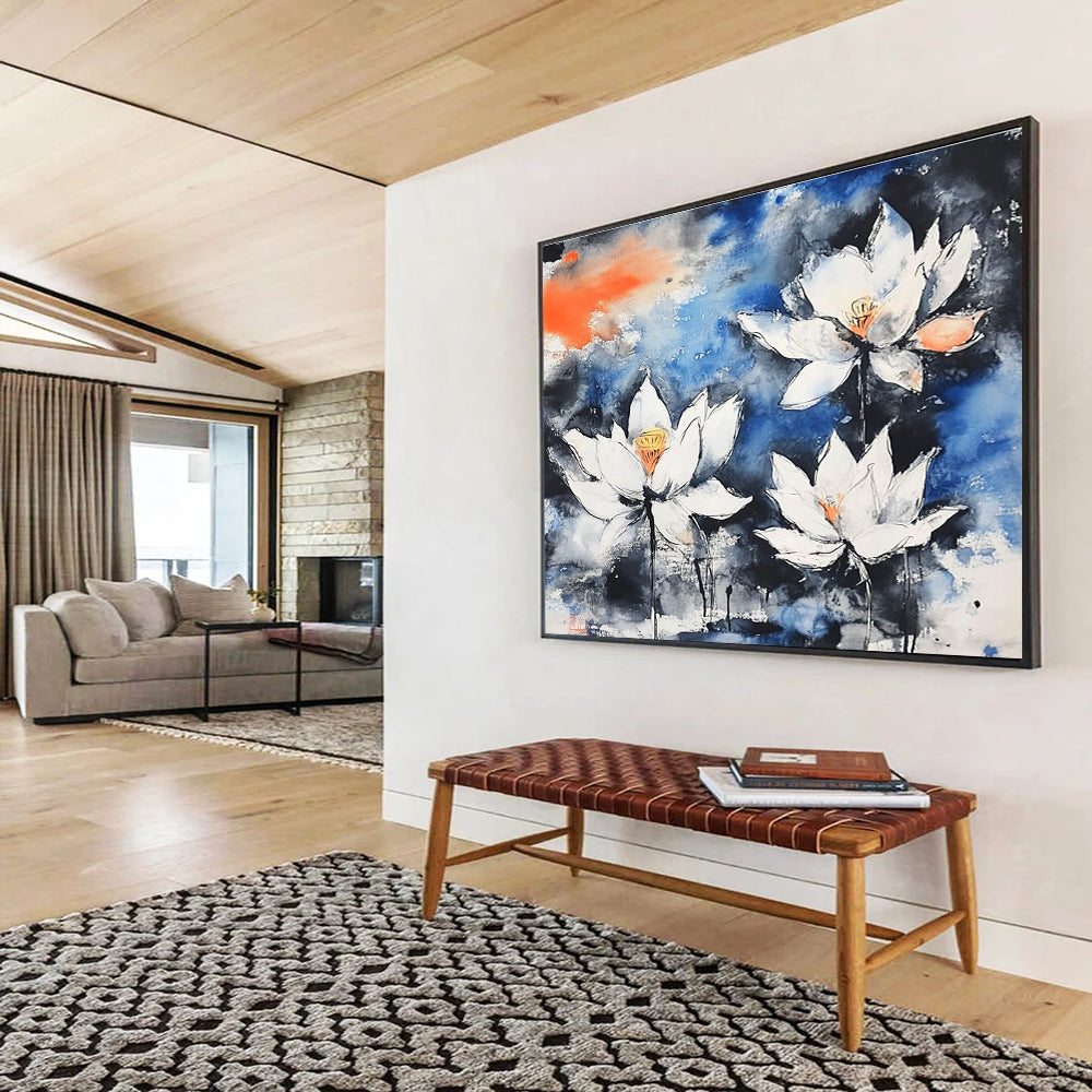 Ink - Wash Lotus Flowers Abstract Painting with Blue Black and White Tones DYP580
