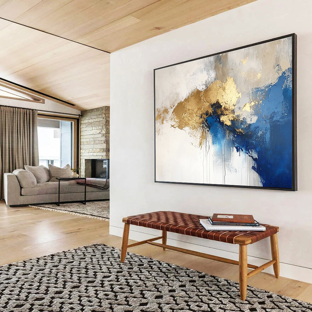 Blue Gold and White Abstract Painting with Fluid Shapes DYP183