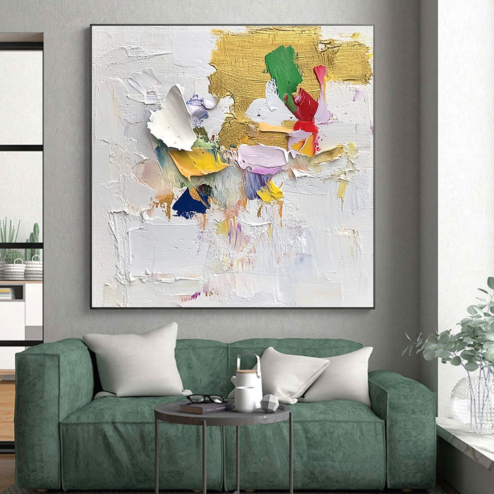 Vibrant Textured Abstract Painting with Gold and Colorful Shapes GER621