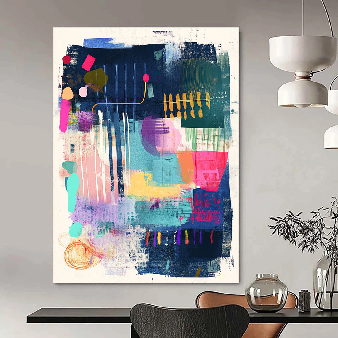 A large abstract artwork featuring musical notes and vibrant colors with oversized keys creating motion and playful typography in a harmonious design.STSC967