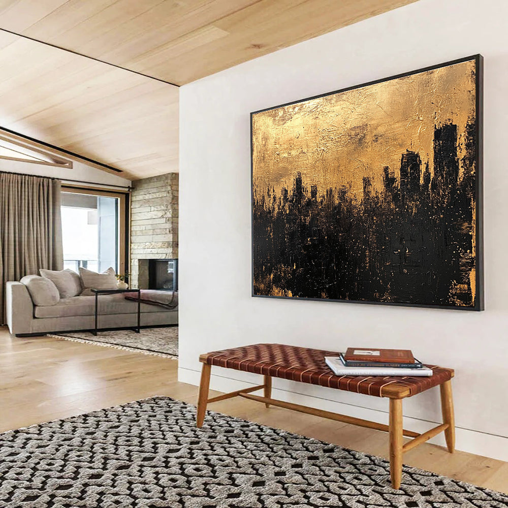Gold and Black Cityscape Abstract Painting with Textured Layers DYP302
