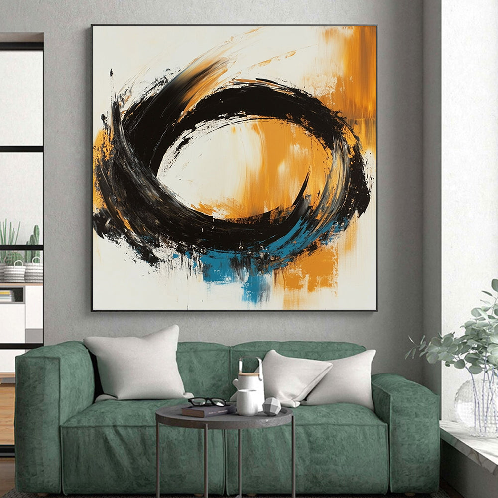 Black Orange Blue Abstract Painting with Dynamic Swirls GER767
