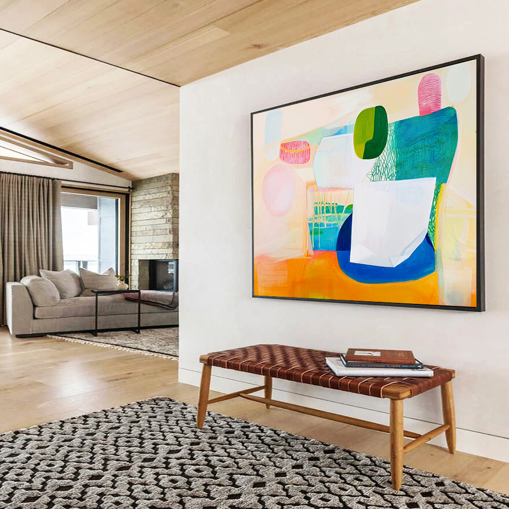 Large abstract painting featuring a white paper bag soft pink and green shapes with blue accents on a warm light orange background.SC518