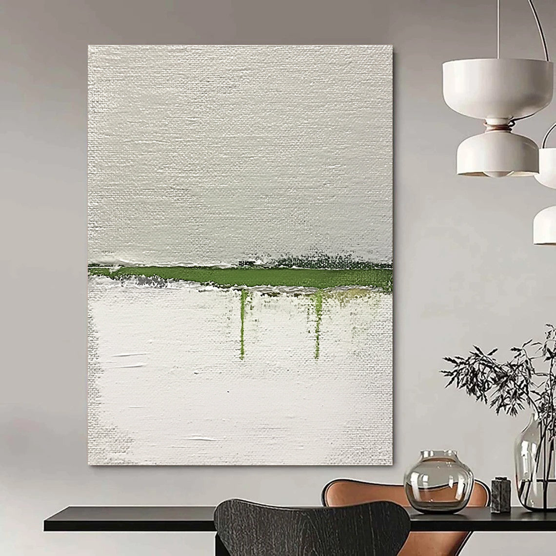 Large abstract painting featuring a green horizon on textured white canvas with thick impasto strokes accentuated by muted lime and gray tones.STSC1094