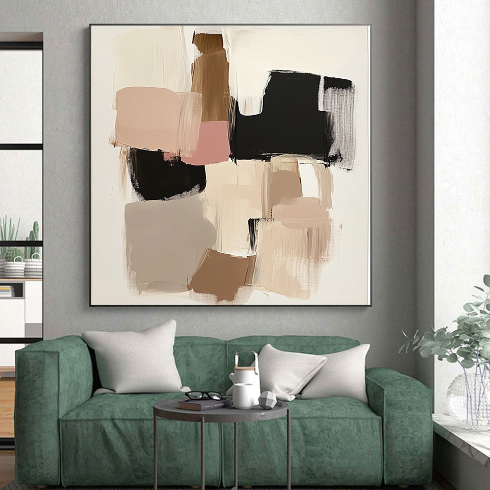 Beige Pink and Black Abstract Painting with Geometric Shapes GER480