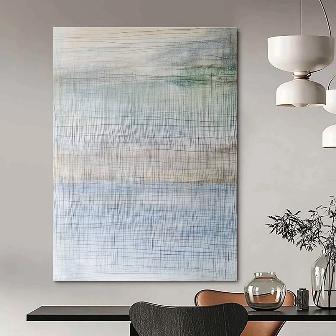 Abstract painting inspired by an ice shelf featuring thin horizontal lines in soft muted watercolor hues.STSC708