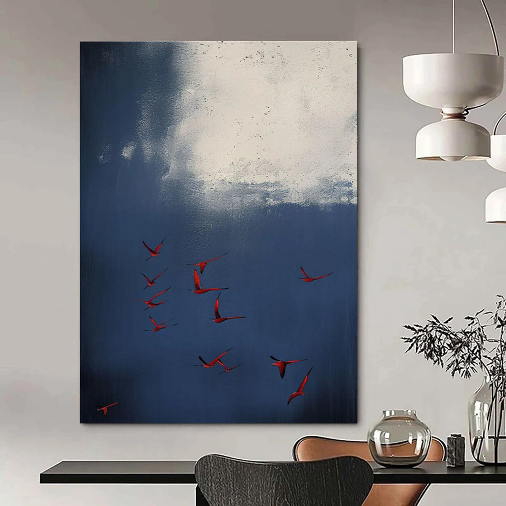 Red Birds in Blue Sky Abstract Painting with White Accents ADGE500