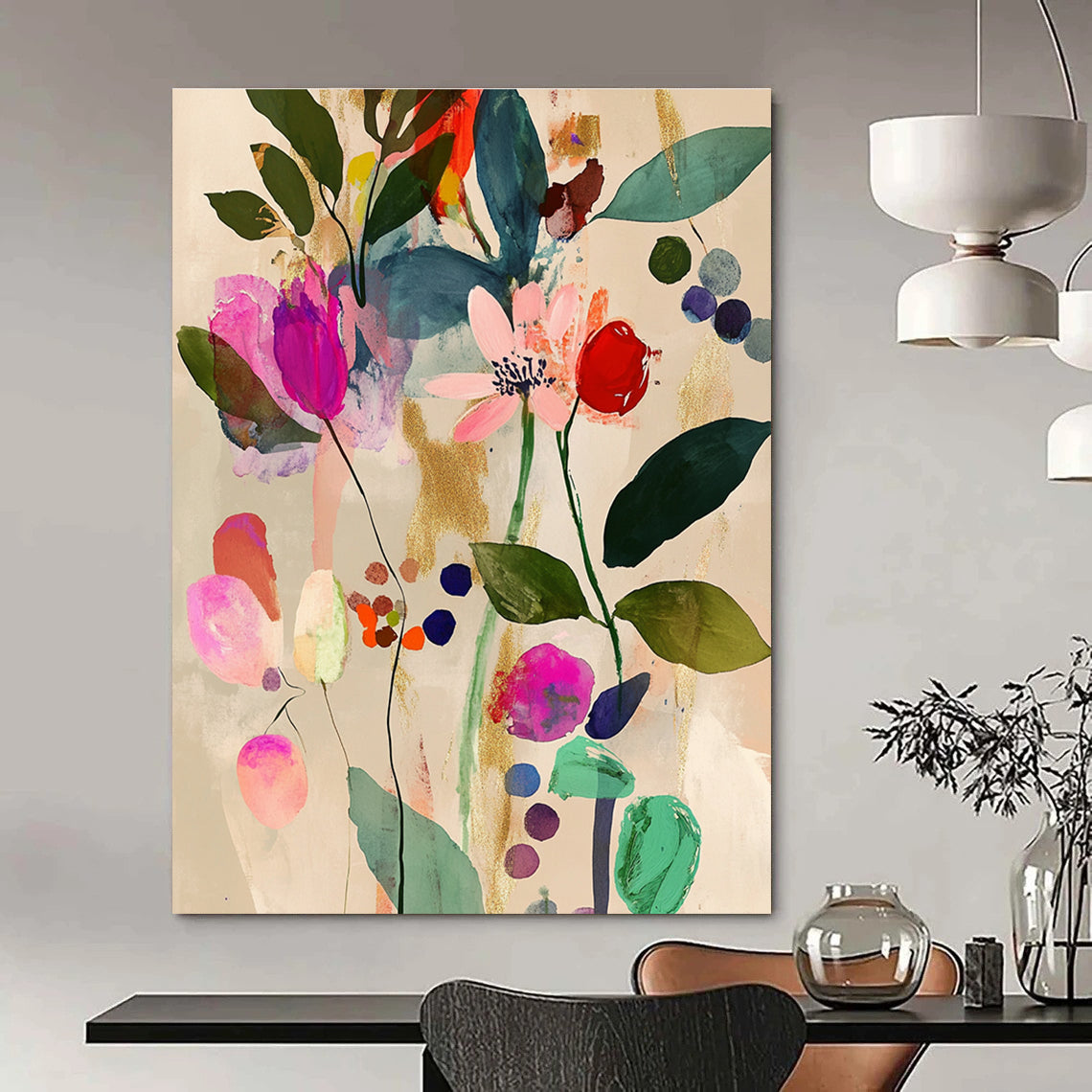 Abstract painting featuring pink and green leaves flowers and berries in a Matisse style with watercolor and gold foil on a beige background.STSC043